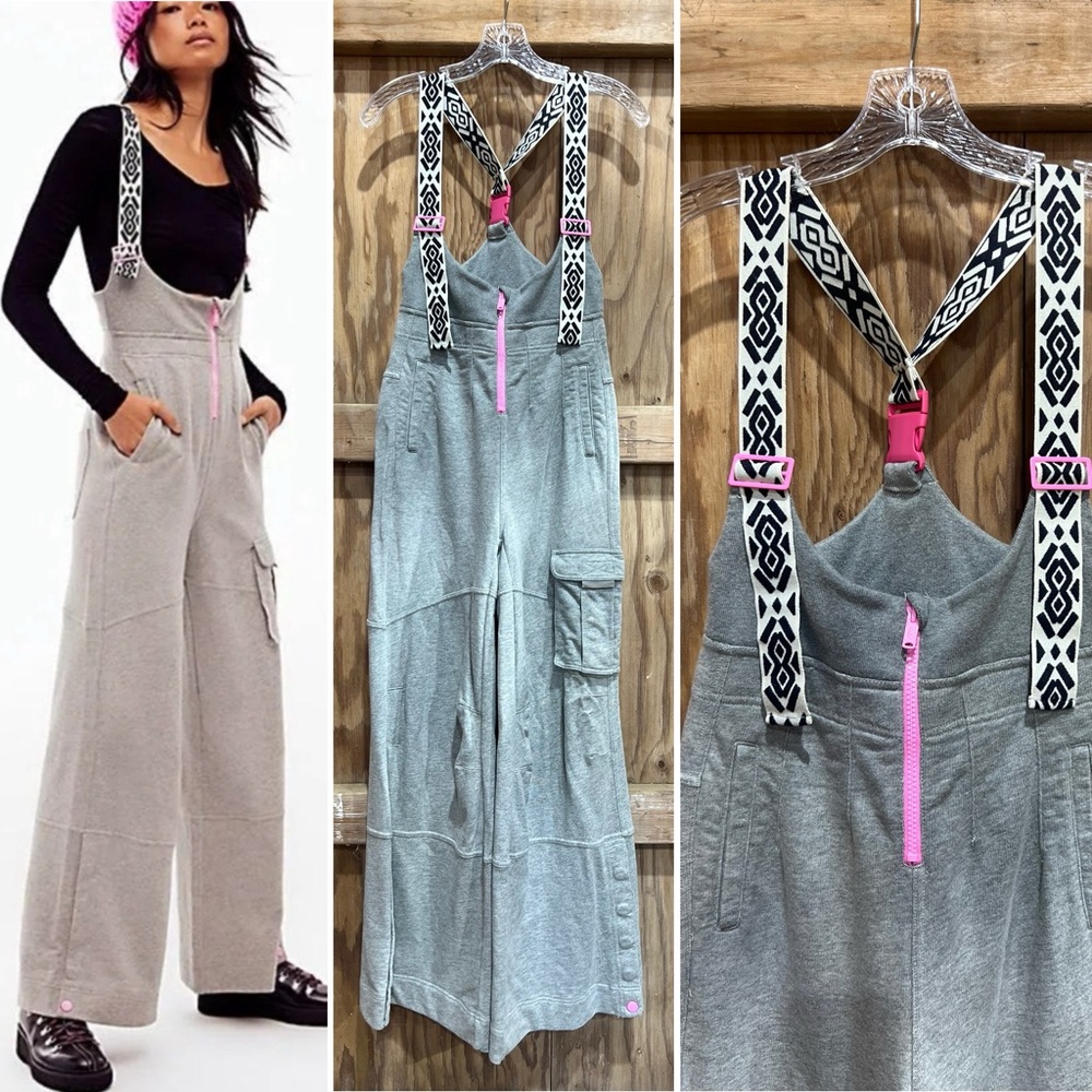 Free People Movement Twin Tipped Slopette Overalls Gray Pink Aztec Suspenders XS